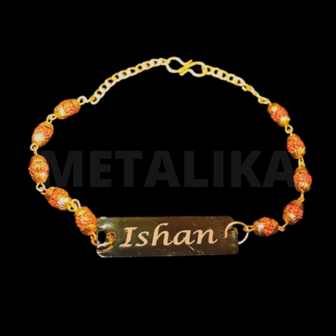 Customized Rudraksha Rakhi Bracelet with Name Engraved Plate